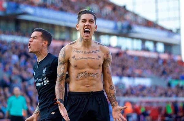 STOKE-ON-TRENT, ENGLAND - Saturday, April 8, 2017: Liverpool's Roberto Firmino celebrates scoring the second goal against Stoke City with team-mate Philippe Coutinho Correia during the FA Premier League match at the Bet365 Stadium. (Pic by David Rawcliffe/Propaganda)