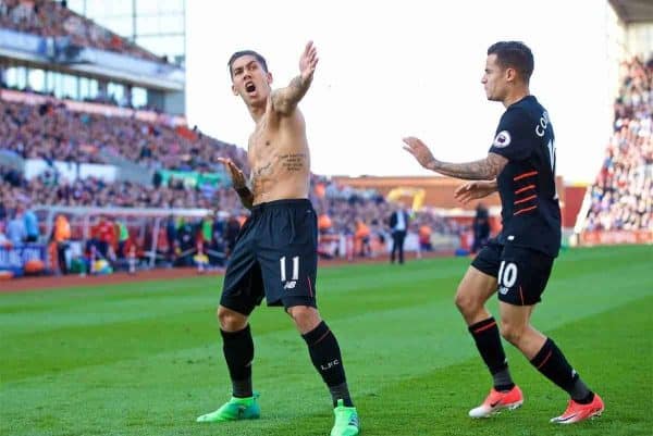 STOKE-ON-TRENT, ENGLAND - Saturday, April 8, 2017: Liverpool's Roberto Firmino celebrates scoring the second goal against Stoke City during the FA Premier League match at the Bet365 Stadium. (Pic by David Rawcliffe/Propaganda)