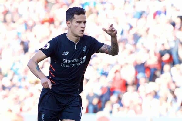 STOKE-ON-TRENT, ENGLAND - Saturday, April 8, 2017: Liverpool's Philippe Coutinho Correia celebrates scoring the equalising first goal against Stoke City during the FA Premier League match at the Bet365 Stadium. (Pic by David Rawcliffe/Propaganda)