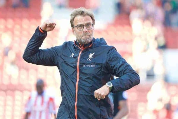 STOKE-ON-TRENT, ENGLAND - Saturday, April 8, 2017: Liverpool's manager Jürgen Klopp celebrates after the 2-1 victory over Stoke City during the FA Premier League match at the Bet365 Stadium. (Pic by David Rawcliffe/Propaganda)