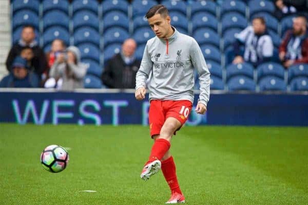 WEST BROMWICH, ENGLAND - Easter Sunday, April 16, 2017, 2016: Liverpool's Philippe Coutinho Correia warms-up before the FA Premier League match against West Bromwich Albion at the Hawthorns. (Pic by David Rawcliffe/Propaganda)