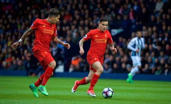 WEST BROMWICH, ENGLAND - Easter Sunday, April 16, 2017, 2016: Liverpool's Philippe Coutinho Correia and Roberto Firmino in action against West Bromwich Albion during the FA Premier League match at the Hawthorns. (Pic by David Rawcliffe/Propaganda)