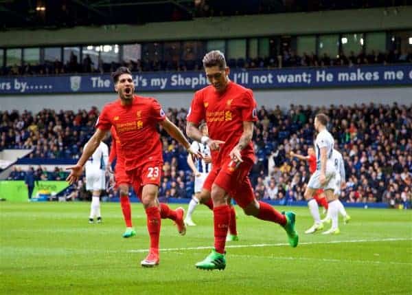 WEST BROMWICH, ENGLAND - Easter Sunday, April 16, 2017, 2016: Liverpool's Roberto Firmino celebrates scoring the first goal against West Bromwich Albion during the FA Premier League match at the Hawthorns. (Pic by David Rawcliffe/Propaganda)