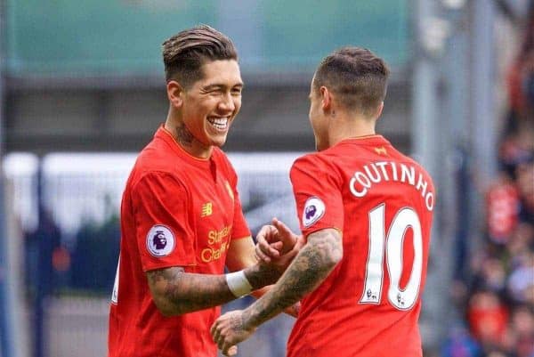 WEST BROMWICH, ENGLAND - Easter Sunday, April 16, 2017, 2016: Liverpool's Roberto Firmino celebrates scoring the first goal against West Bromwich Albion with team-mate Philippe Coutinho Correia during the FA Premier League match at the Hawthorns. (Pic by David Rawcliffe/Propaganda)