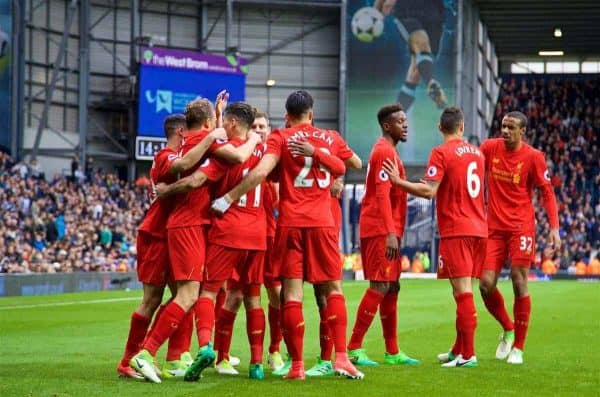 WEST BROMWICH, ENGLAND - Easter Sunday, April 16, 2017, 2016: Liverpool's Roberto Firmino celebrates scoring the first goal against West Bromwich Albion with team-mates during the FA Premier League match at the Hawthorns. (Pic by David Rawcliffe/Propaganda)