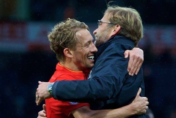 WEST BROMWICH, ENGLAND - Easter Sunday, April 16, 2017, 2016: Liverpool's manager J¸rgen Klopp celebrates the 1-0 victory over West Bromwich Albion with Lucas Leiva during the FA Premier League match at the Hawthorns. (Pic by David Rawcliffe/Propaganda)