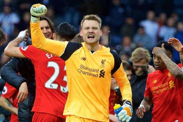 WEST BROMWICH, ENGLAND - Easter Sunday, April 16, 2017, 2016: Liverpool's goalkeeper Simon Mignolet celebrates the 1-0 victory over West Bromwich Albion during the FA Premier League match at the Hawthorns. (Pic by David Rawcliffe/Propaganda)