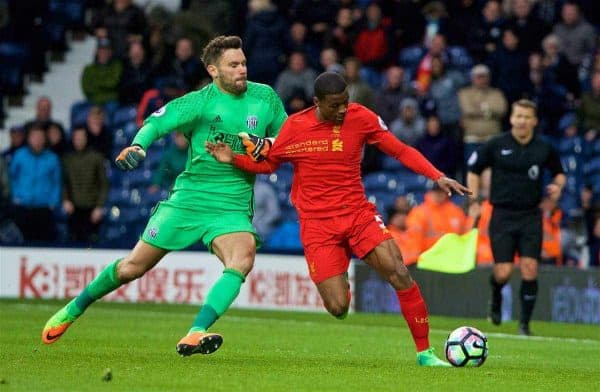 WEST BROMWICH, ENGLAND - Easter Sunday, April 16, 2017, 2016: Liverpool's Georginio Wijnaldum in action against West Bromwich Albion's goalkeeper Ben Foster during the FA Premier League match at the Hawthorns. (Pic by David Rawcliffe/Propaganda)