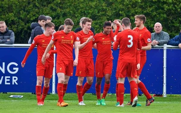 LEICESTER, ENGLAND - Easter Monday, April 17, 2017: Liverpool's Matthew Virtue [3rd from Left] celebrates scoring the second goal against Leicester City during the Under-23 FA Premier League 2 Division 1 match at Holmes Park. (Pic by David Rawcliffe/Propaganda)
