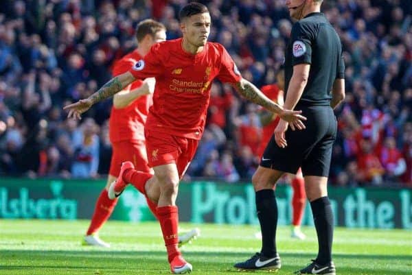 LIVERPOOL, ENGLAND - Sunday, April 23, 2017: Liverpool's Philippe Coutinho Correia celebrates scoring the first goal against Crystal Palace from a free-kick during the FA Premier League match at Anfield. (Pic by David Rawcliffe/Propaganda)