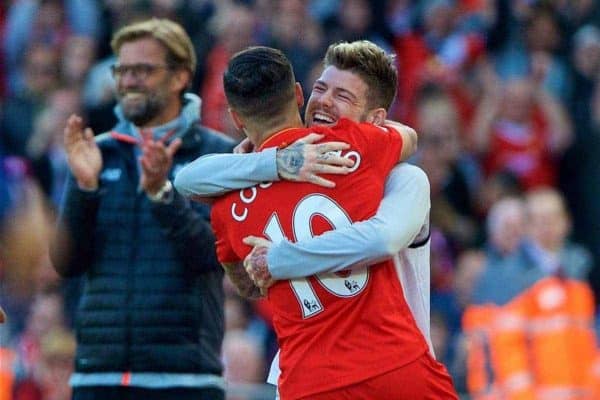 LIVERPOOL, ENGLAND - Sunday, April 23, 2017: Liverpool's Philippe Coutinho Correia celebrates scoring the first goal against Crystal Palace from a free-kick, with team-mate substitute Alberto Moreno, during the FA Premier League match at Anfield. (Pic by David Rawcliffe/Propaganda)