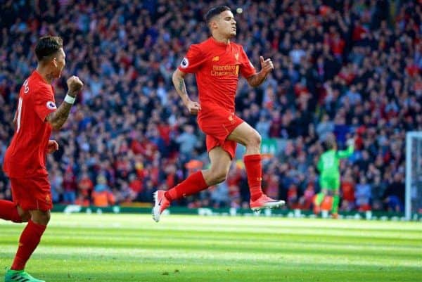 LIVERPOOL, ENGLAND - Sunday, April 23, 2017: Liverpool's Philippe Coutinho Correia celebrates scoring the first goal against Crystal Palace from a free-kick during the FA Premier League match at Anfield. (Pic by David Rawcliffe/Propaganda)