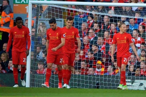 LIVERPOOL, ENGLAND - Sunday, April 23, 2017: Liverpool's Divock Origi, Emre Can, Dejan Lovren and Lucas Leiva look dejected as Crystal Palace score the winning second goal during the FA Premier League match at Anfield. (Pic by David Rawcliffe/Propaganda)