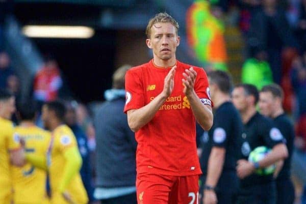 LIVERPOOL, ENGLAND - Sunday, April 23, 2017: Liverpool's Lucas Leiva looks dejected after his side's 2-1 defeat to Crystal Palace during the FA Premier League match at Anfield. (Pic by David Rawcliffe/Propaganda)