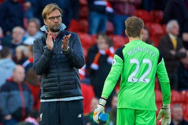 LIVERPOOL, ENGLAND - Sunday, April 23, 2017: Liverpool's manager Jürgen Klopp looks dejected after his side's 2-1 defeat to Crystal Palace during the FA Premier League match at Anfield. (Pic by David Rawcliffe/Propaganda)