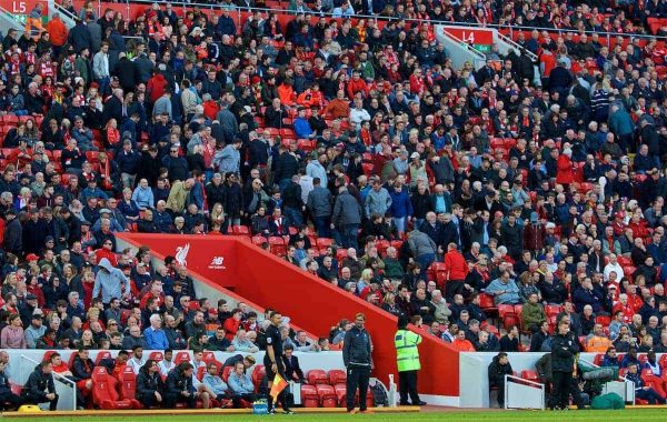 LIVERPOOL, ENGLAND - Sunday, April 23, 2017: Liverpool's manager Jürgen Klopp cuts a lonely figure as the supporters head for the exits dejected after their side's 2-1 defeat to Crystal Palace during the FA Premier League match at Anfield. (Pic by David Rawcliffe/Propaganda)