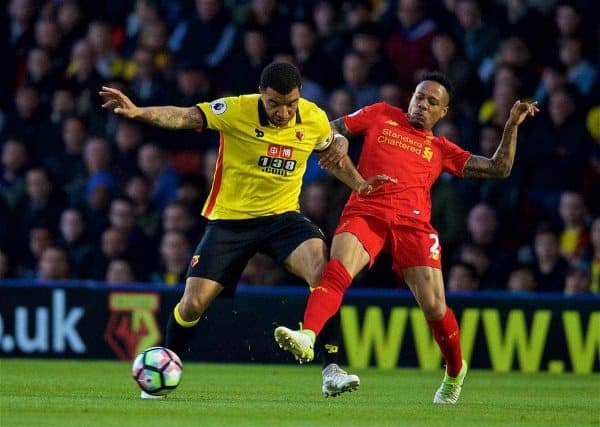 WATFORD, ENGLAND - Monday, May 1, 2017: Liverpool's Nathaniel Clyne in action against Watford's captain Troy Deeney during the FA Premier League match at Vicarage Road. (Pic by David Rawcliffe/Propaganda)