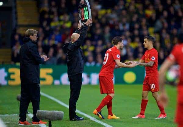 WATFORD, ENGLAND - Monday, May 1, 2017: Liverpool's injured Philippe Coutinho Correia is replaced by substitute Adam Lallana against Watford during the FA Premier League match at Vicarage Road. (Pic by David Rawcliffe/Propaganda)