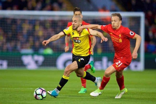 WATFORD, ENGLAND - Monday, May 1, 2017: Liverpool's Lucas Leiva in action against Watford's Nordin Amrabat during the FA Premier League match at Vicarage Road. (Pic by David Rawcliffe/Propaganda)