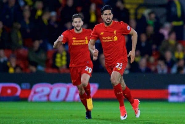 WATFORD, ENGLAND - Monday, May 1, 2017: Liverpool's Emre Can celebrates scoring the first goal against Watford during the FA Premier League match at Vicarage Road. (Pic by David Rawcliffe/Propaganda)