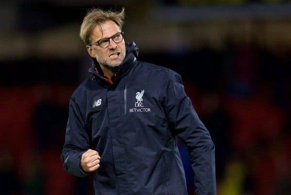 WATFORD, ENGLAND - Monday, May 1, 2017: Liverpool's manager Jürgen Klopp celebrates after the 1-0 victory over Watford during the FA Premier League match at Vicarage Road. (Pic by David Rawcliffe/Propaganda)