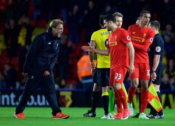 WATFORD, ENGLAND - Monday, May 1, 2017: Liverpool's manager Jürgen Klopp celebrates with match-winning goalscorer Emre Can after the 1-0 victory over Watford during the FA Premier League match at Vicarage Road. (Pic by David Rawcliffe/Propaganda)