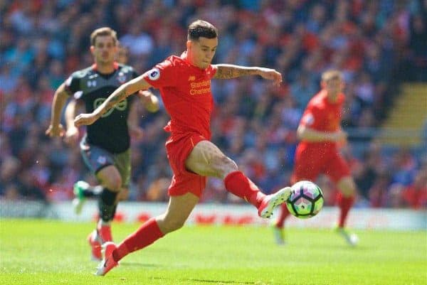 LIVERPOOL, ENGLAND - Sunday, May 7, 2017: Liverpool's Philippe Coutinho Correia in action against Southampton during the FA Premier League match at Anfield. (Pic by David Rawcliffe/Propaganda)