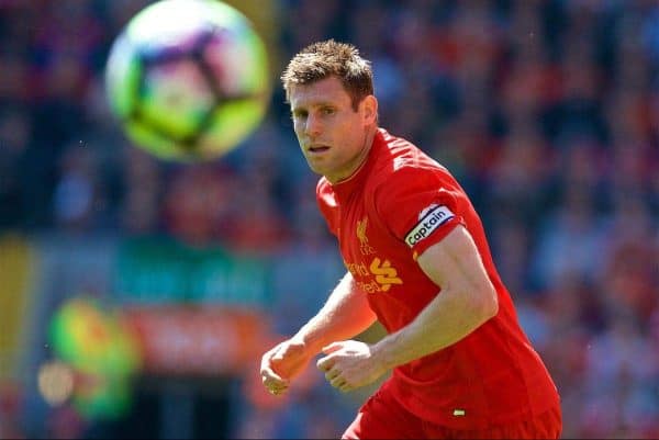 LIVERPOOL, ENGLAND - Sunday, May 7, 2017: Liverpool's James Milner in action against Southampton during the FA Premier League match at Anfield. (Pic by David Rawcliffe/Propaganda)