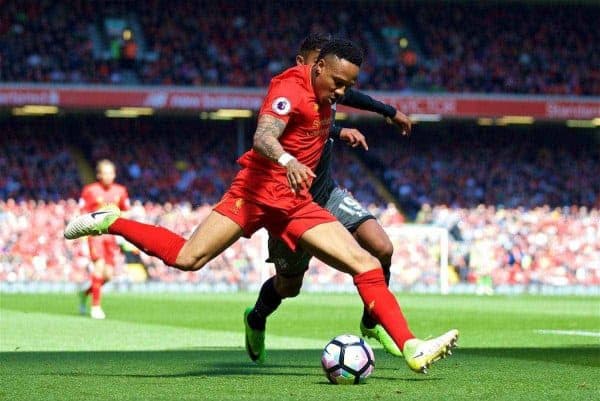 LIVERPOOL, ENGLAND - Sunday, May 7, 2017: Liverpool's Nathaniel Clyne in action against Southampton during the FA Premier League match at Anfield. (Pic by David Rawcliffe/Propaganda)