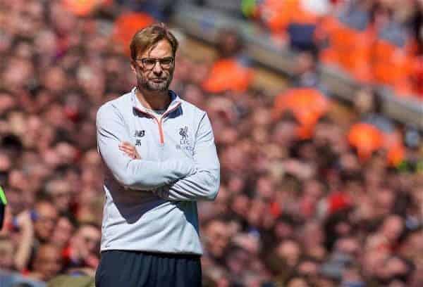 LIVERPOOL, ENGLAND - Sunday, May 7, 2017: Liverpool's manager Jürgen Klopp during the FA Premier League match against Southampton at Anfield. (Pic by David Rawcliffe/Propaganda)