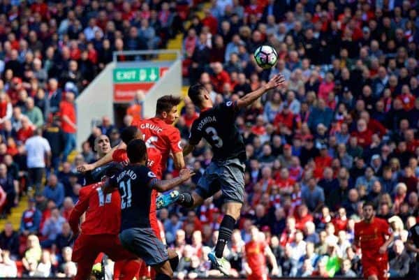 LIVERPOOL, ENGLAND - Sunday, May 7, 2017: Liverpool's Marko Grujic sees his header miss against Southampton during the FA Premier League match at Anfield. (Pic by David Rawcliffe/Propaganda)