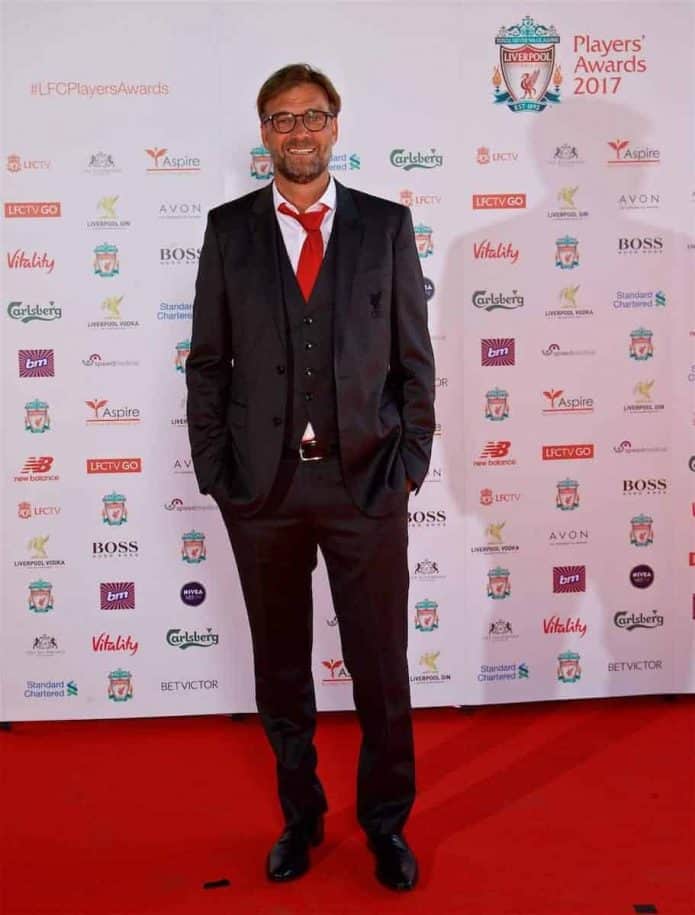 LIVERPOOL, ENGLAND - Tuesday, May 9, 2017: Liverpool's manager Jürgen Klopp arrives on the red carpet for the Liverpool FC Players' Awards 2017 at Anfield. (Pic by David Rawcliffe/Propaganda)