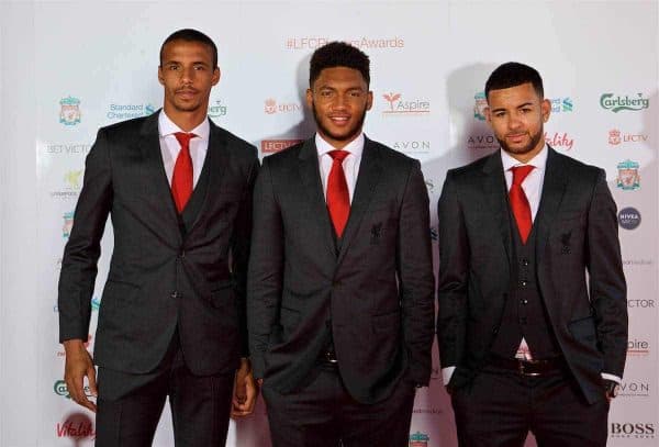 LIVERPOOL, ENGLAND - Tuesday, May 9, 2017: Liverpool's Joel Matip, Joe Gomez and Kevin Stewart arrive on the red carpet with their partners for the Liverpool FC Players' Awards 2017 at Anfield. (Pic by David Rawcliffe/Propaganda)