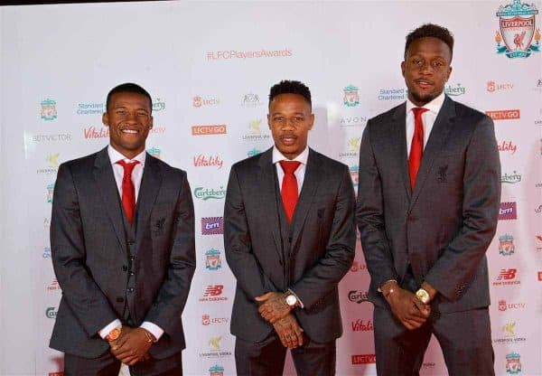 LIVERPOOL, ENGLAND - Tuesday, May 9, 2017: Liverpool's Georginio Wijnaldum, Nathaniel Clyne and Divock Origi arrive on the red carpet with their partners for the Liverpool FC Players' Awards 2017 at Anfield. (Pic by David Rawcliffe/Propaganda)
