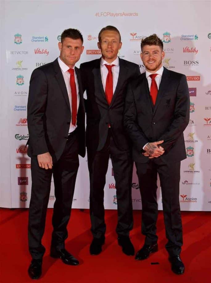 LIVERPOOL, ENGLAND - Tuesday, May 9, 2017: Liverpool's James Milner, Lucas Leiva and Alberto Moreno arrive on the red carpet with their partners for the Liverpool FC Players' Awards 2017 at Anfield. (Pic by David Rawcliffe/Propaganda)