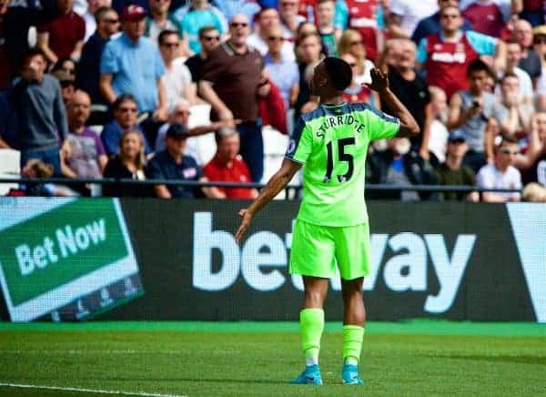 LONDON, ENGLAND - Sunday, May 14, 2017: Liverpool's Daniel Sturridge celebrates scoring the first goal against West Ham United during the FA Premier League match at the London Stadium. (Pic by David Rawcliffe/Propaganda)