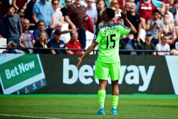 LONDON, ENGLAND - Sunday, May 14, 2017: Liverpool's Daniel Sturridge celebrates scoring the first goal against West Ham United during the FA Premier League match at the London Stadium. (Pic by David Rawcliffe/Propaganda)