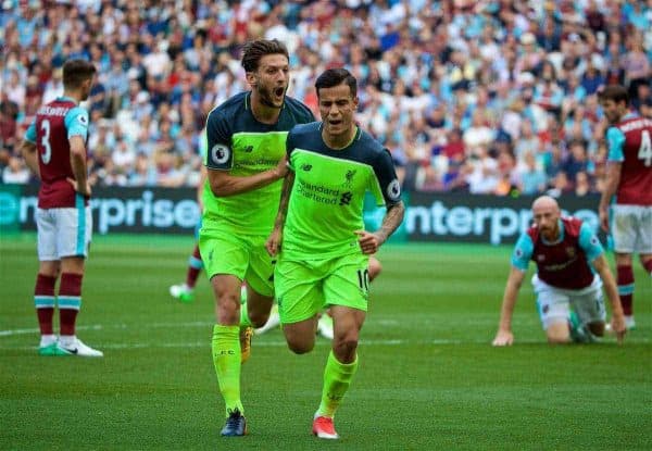 LONDON, ENGLAND - Sunday, May 14, 2017: Liverpool's Philippe Coutinho Correia celebrates scoring the second goal against West Ham United with team-mate Adam Lallana [L] during the FA Premier League match at the London Stadium. (Pic by David Rawcliffe/Propaganda)