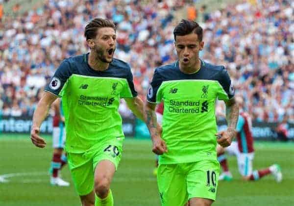 LONDON, ENGLAND - Sunday, May 14, 2017: Liverpool's Philippe Coutinho Correia celebrates scoring the second goal against West Ham United with team-mate Adam Lallana [L] during the FA Premier League match at the London Stadium. (Pic by David Rawcliffe/Propaganda)