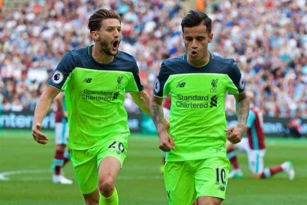 LONDON, ENGLAND - Sunday, May 14, 2017: Liverpool's Philippe Coutinho Correia celebrates scoring the second goal against West Ham United with team-mate Adam Lallana [L] during the FA Premier League match at the London Stadium. (Pic by David Rawcliffe/Propaganda)