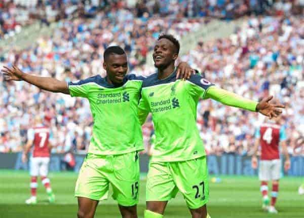 LONDON, ENGLAND - Sunday, May 14, 2017: Liverpool's Divock Origi celebrates scoring the fourth goal against West Ham United with team-mate Daniel Sturridge [L] during the FA Premier League match at the London Stadium. (Pic by David Rawcliffe/Propaganda)