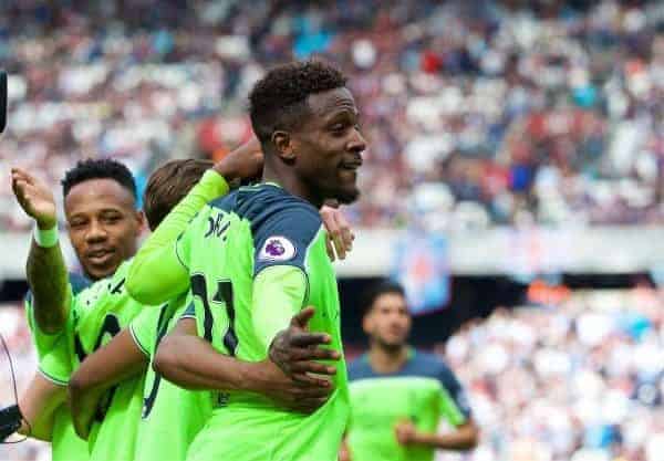 LONDON, ENGLAND - Sunday, May 14, 2017: Liverpool's Divock Origi celebrates scoring the fourth goal against West Ham United during the FA Premier League match at the London Stadium. (Pic by David Rawcliffe/Propaganda)