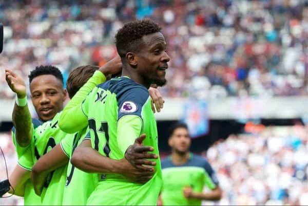 LONDON, ENGLAND - Sunday, May 14, 2017: Liverpool's Divock Origi celebrates scoring the fourth goal against West Ham United during the FA Premier League match at the London Stadium. (Pic by David Rawcliffe/Propaganda)