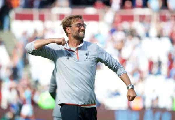 LONDON, ENGLAND - Sunday, May 14, 2017: Liverpool's manager Jürgen Klopp celebrates after his side's 4-0 victory over West Ham United during the FA Premier League match at the London Stadium. (Pic by David Rawcliffe/Propaganda)