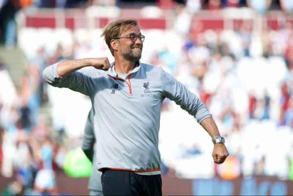 LONDON, ENGLAND - Sunday, May 14, 2017: Liverpool's manager Jürgen Klopp celebrates after his side's 4-0 victory over West Ham United during the FA Premier League match at the London Stadium. (Pic by David Rawcliffe/Propaganda)