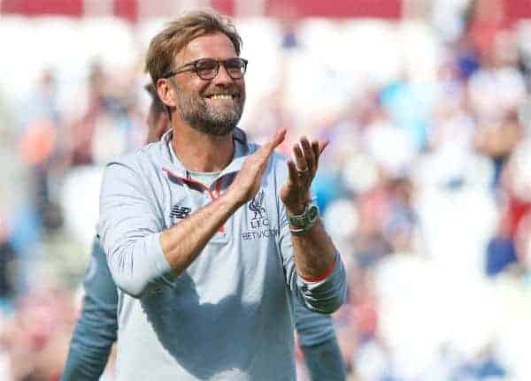 LONDON, ENGLAND - Sunday, May 14, 2017: Liverpool's manager Jürgen Klopp celebrates after his side's 4-0 victory over West Ham United during the FA Premier League match at the London Stadium. (Pic by David Rawcliffe/Propaganda)