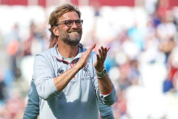 LONDON, ENGLAND - Sunday, May 14, 2017: Liverpool's manager Jürgen Klopp celebrates after his side's 4-0 victory over West Ham United during the FA Premier League match at the London Stadium. (Pic by David Rawcliffe/Propaganda)