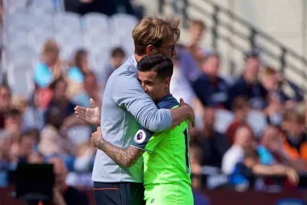 LONDON, ENGLAND - Sunday, May 14, 2017: Liverpool's manager Jürgen Klopp embraces two-goal hero Philippe Coutinho Correia after the 4-0 victory over West Ham United during the FA Premier League match at the London Stadium. (Pic by David Rawcliffe/Propaganda)