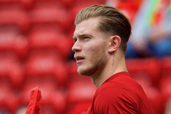 LIVERPOOL, ENGLAND - Sunday, May 21, 2017: Liverpool's substitute goalkeeper Loris Karius warms-up wearing the new 2017-18 training kit, before the FA Premier League match against Middlesbrough at Anfield. (Pic by David Rawcliffe/Propaganda)