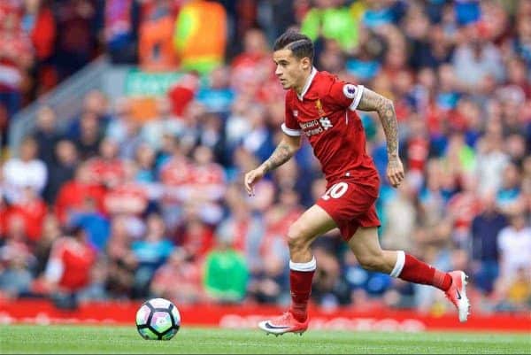 LIVERPOOL, ENGLAND - Sunday, May 21, 2017: Liverpool's Philippe Coutinho Correia in action against Middlesbrough during the FA Premier League match at Anfield. (Pic by David Rawcliffe/Propaganda)